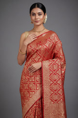 Red Banarasi Silk Traditional Checks Woven Saree