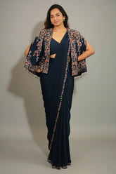 Navy Blue Crepe Silk Readymade Saree with Sequin Beaded Cape Jacket