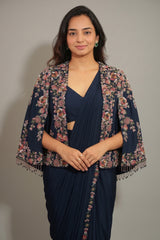 Navy Blue Crepe Silk Readymade Saree with Sequin Beaded Cape Jacket