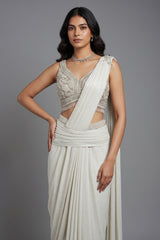 Off White Imported Lycra Readymade Saree with Cutdana and Diamond Work