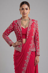 Pink Chiffon Chinon Zardosi and Cutdana Worked Readymade Saree with Jacket