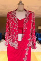 Pink Chiffon Chinon Zardosi and Cutdana Worked Readymade Saree with Jacket