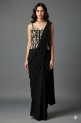 Black Satin Crepe Readymade Saree with Embroidered Sequin Corset