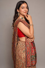 Cream and Multi Colored Pashmina Printed Dola Silk Saree with Cutdana Work