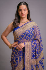 Blue Georgette Traditional Checks Bandhej Saree with Handwork