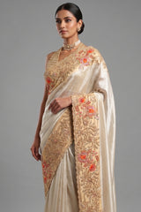 Off White Tissue Saree with Contrast Floral Embroidery and Sequin Beaded Work Border