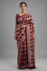 Red Modal Silk Checks Ajrakh Printed Saree