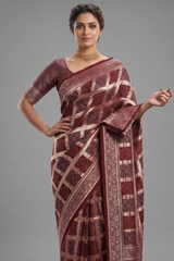 Red Modal Silk Checks Ajrakh Printed Saree