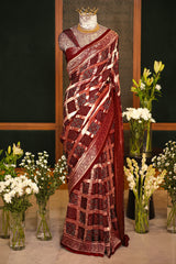 Red Modal Silk Checks Ajrakh Printed Saree