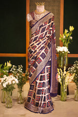 Blue Modal Silk Checks Ajrakh Printed Saree