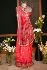 Pink Checks Art Silk Saree with Handworked Border and Pallu