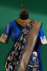 Blue Banarasi Silk Animal Motif All Over Woven Saree