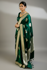 Bottle Green Mango Silk Woven Saree Contrast Border and Pallu