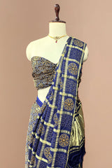 Blue Modal Silk Checks Ajrakh Printed Saree