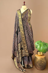 Black Silk Ajrakh Printed Saree with Elephant Motif Border