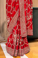Red Satin Silk Designer Saree with Zardosi and Sequin Work