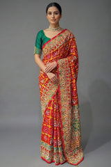 Red Cotton Silk Traditional Bandhej Saree with Beads and Zardosi Work