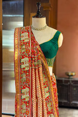 Red Silk Traditional Patola Saree with Handworked Elephant Motif Border