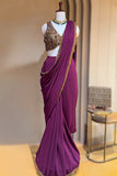 Purple Georgette Crepe Pre Draped Saree with Metallic Work Blouse