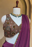 Purple Georgette Crepe Pre Draped Saree with Metallic Work Blouse