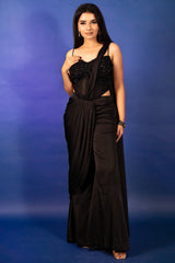Black Satin Pre Draped Palazzo Saree with Pearl Work Corset Blouse