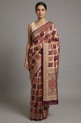 Brown Modal Silk Checks Ajrakh Printed Saree