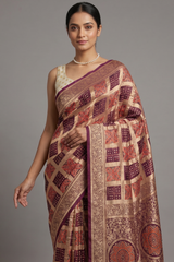 Brown Modal Silk Checks Ajrakh Printed Saree