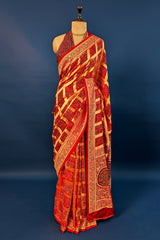 Red Modal Silk Checks Ajrakh Printed Saree