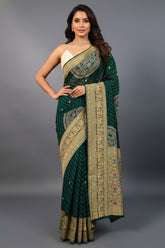 Green Georgette Printed Saree with Woven and Cutdana Worked Pallu