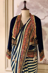 Pearl White Crepe Silk Stripes Printed Pre Draped Saree with Jacket