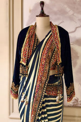 Pearl White Crepe Silk Stripes Printed Pre Draped Saree with Jacket