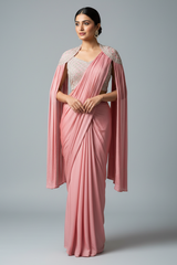 Pink Chinon Silk Sequin Worked Pre Draped Saree with Cape