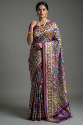 Off White and Purple Silk Traditional Checks Patola Saree