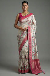 Off White Dola Silk Floral and Bird Motif Saree with Contrast Woven Border and Pallu