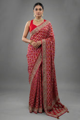 Red and Pink Bandhej Woven Saree with Bead and Cutdana Work