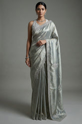 Golden and Silver Tissue Silk Stripe Saree with Sequin and Bead Work