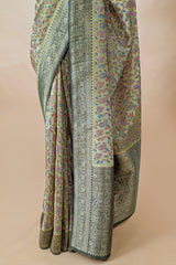 Olive Green Dola Silk Printed Saree with Contrast Woven Border and Pallu