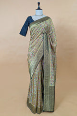 Olive Green Dola Silk Printed Saree with Contrast Woven Border and Pallu