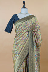 Olive Green Dola Silk Printed Saree with Contrast Woven Border and Pallu