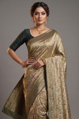 Olive Green Dola Silk Printed Saree with Contrast Woven Border and Pallu