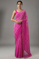 Pink Chiffon Georgette Leheriya Printed Saree with Applique Work