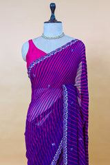 Purple Chiffon Georgette Leheriya Printed Saree with Applique Work