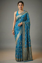 Sky Blue Dola Silk Printed Saree with Embroidery