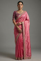 Light Pink Tissue Silk Gota Worked Saree with Readymade Blouse
