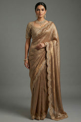 Golden Tissue Silk Designer Scallop Border Saree with Readymade Blouse