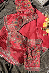 Red Chinon Tissue Silk Saree with Readymade Blouse