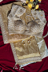 Golden and Silver Tissue Silk Saree with Designer Readymade Blouse