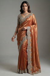 Rust Orange and Golden Two Toned Kanchipuram Viscose Silk Designer Saree with Readymade Blouse