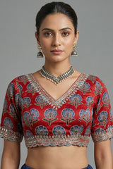 Grey Tissue Silk Mirror Applique and Cutdana Worked Saree with Ajrakh Printed Readymade Blouse