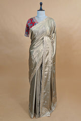 Grey Tissue Silk Mirror Applique and Cutdana Worked Saree with Ajrakh Printed Readymade Blouse